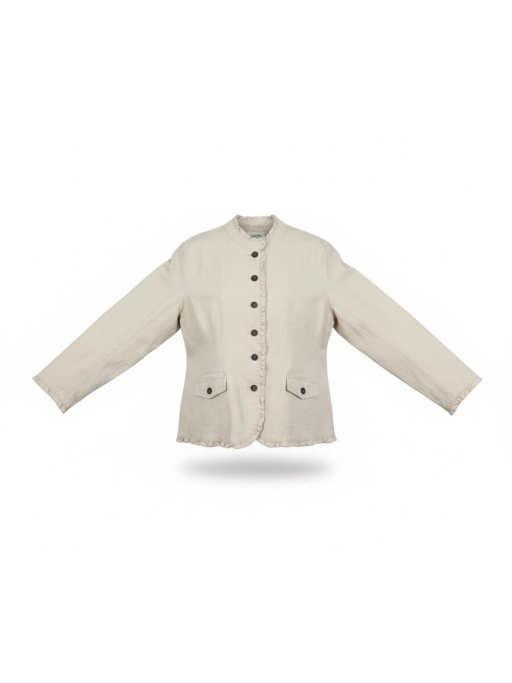 Denim & Co. Womens Beige Long Sleeve Button Jacket Ruffled Trim Size 2X